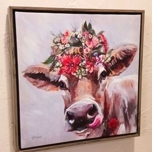 Cow Picture With Flowers. 13"x13" Square 2" In Depth SO CUTE!!